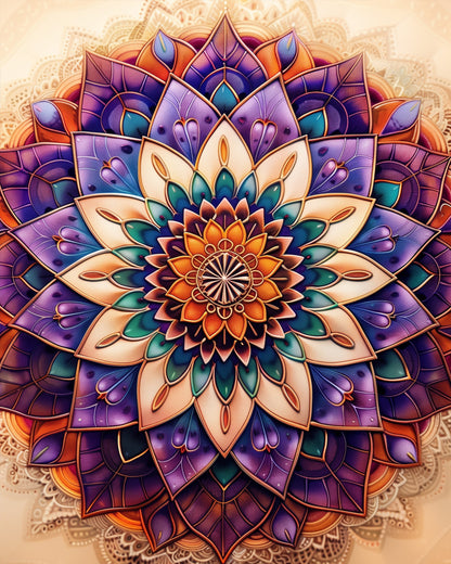 Ein beeindruckendes Mandala in lebhaften Violett-, Blau- und Orangetönen. Faszination des Lichts - Mandalas von miicreaitve. Fördert Achtsamkeit und Kreativität.