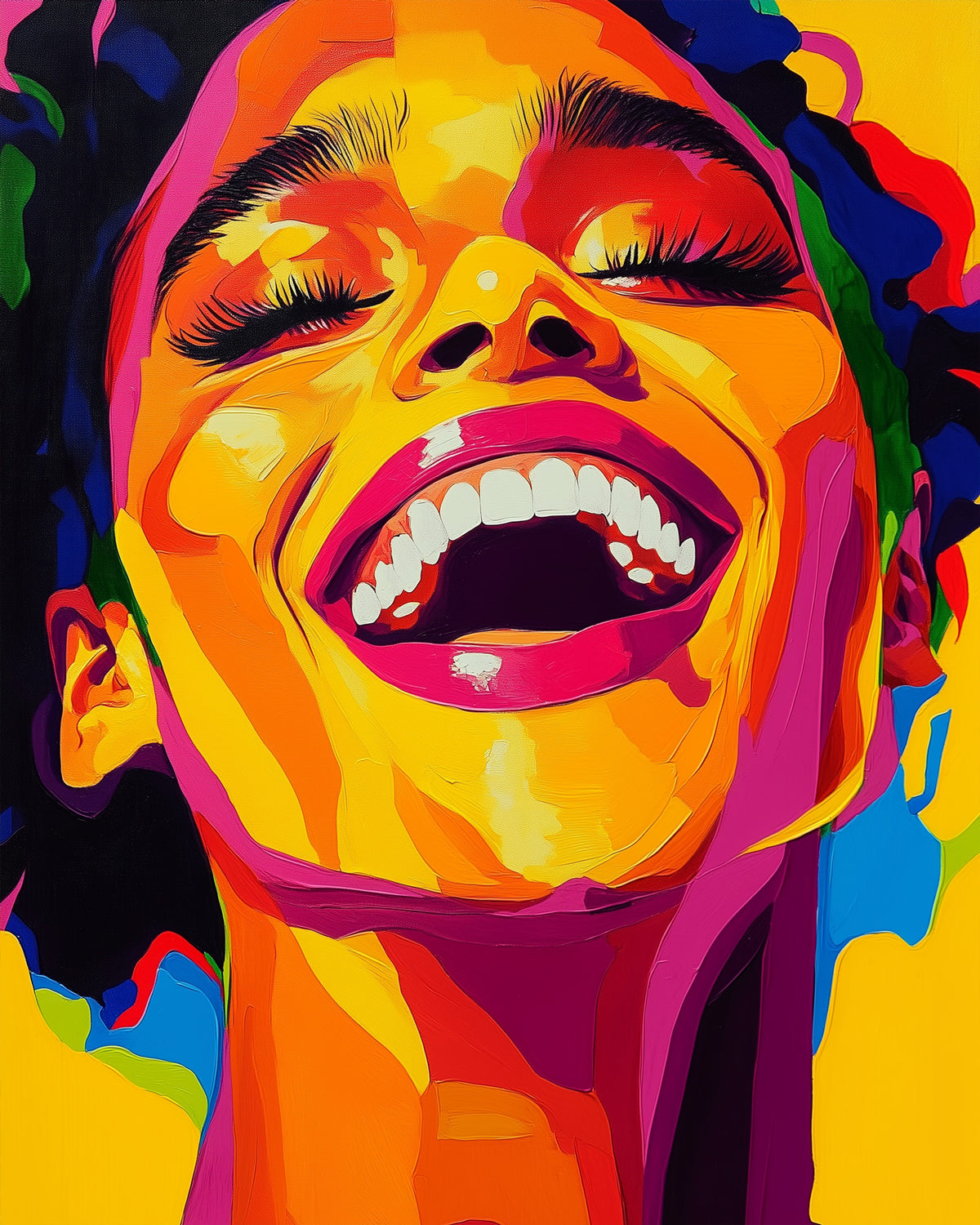 Ein strahlendes Lächeln in intensiven Farben als Pop Art, dargestellt von miicreaitve. Ideal für ein kreatives Malen-nach-Zahlen-Projekt.