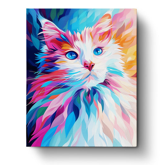 Ein lebendiges Bild einer abstrakten Katze in leuchtenden Blau-, Rosa- und Orangetönen. Produkt: Verträumte Katzenfantasie - Abstract Animals von miicreaitve. Dieses Kit lädt zur Achtsamkeit und kreativem Ausdruck ein.