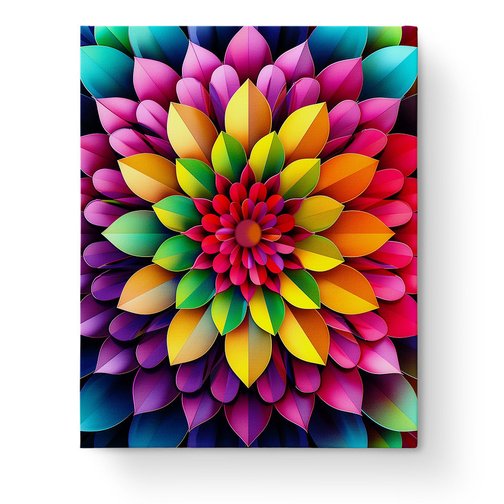 Leuchtende Mandala-Blüte mit kräftigen Farben. Produkt: Farbenfrohe Blüte - Mandalas von miicreaitve. Perfekt für Achtsamkeit und Kreativität.