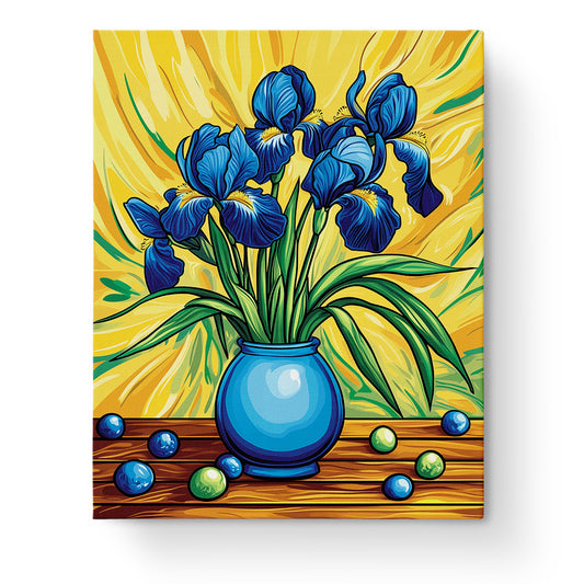 Ein wunderschönes Kunstwerk von leuchtenden blauen Irisblüten in einer Vase. Malen nach Zahlen Kit von miicreaitve. Perfekt für Achtsamkeit und Kreativität.