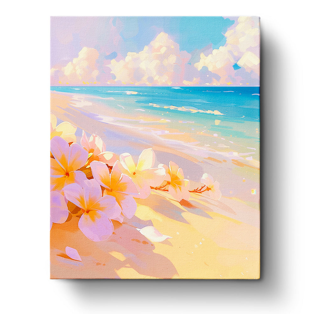 Ein friedliches Strandbild mit zarten Blüten, das Teil der Kollektion 'Blüten am Strand - Bohemian Vibes' von miicreaitve ist. Warme Farben erzeugen eine beruhigende Atmosphäre für kreative und meditative Momente.