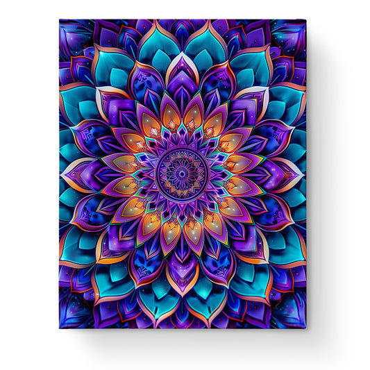 Ein leuchtendes Mandala in violetten und blauen Tönen, dargestellt in dem Verborgene Blütenpracht - Mandalas von miicreaitve. Die harmonische Farbkomposition fördert Achtsamkeit und Kreativität.