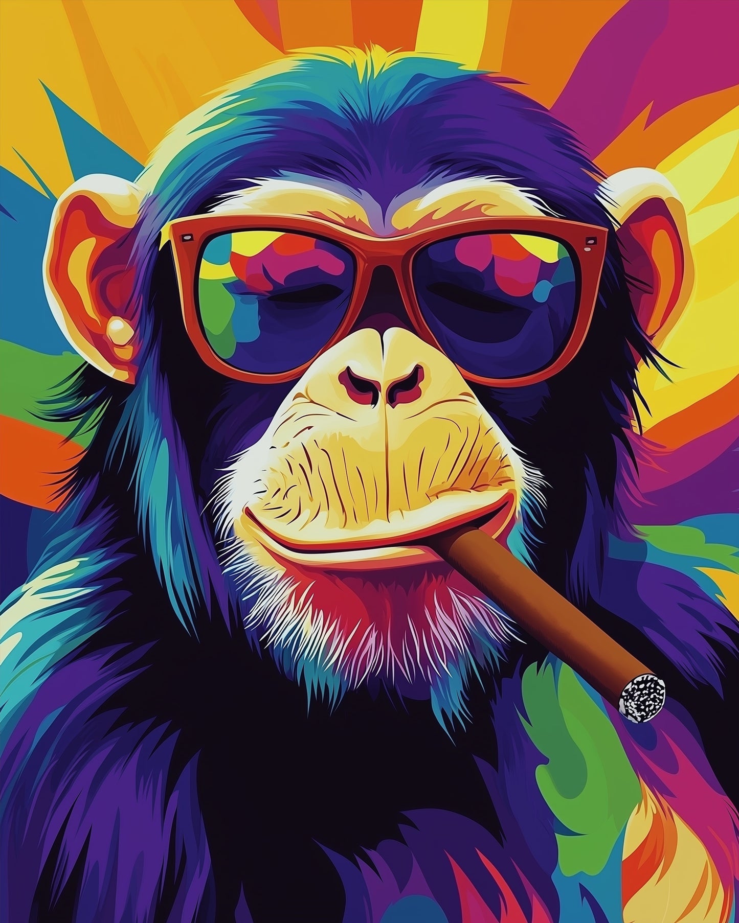 Bunter Affe mit Sonnenbrille - Ein fesselndes Pop Art Bild von miicreaitve, ideal für Malen nach Zahlen und Stressabbau.