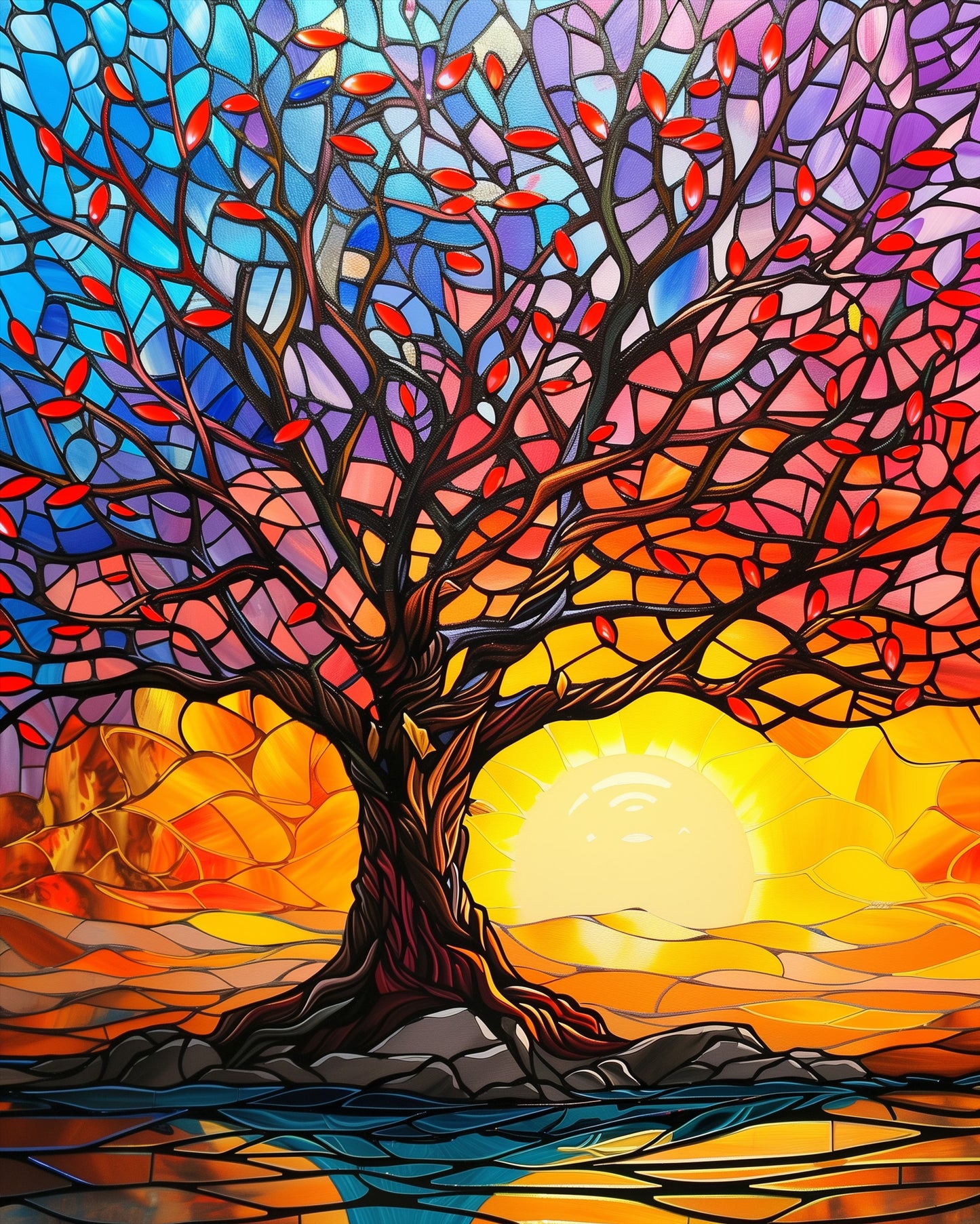 Vibrantes Glasfensterbild eines Baumes bei Sonnenuntergang, 'Baum der Ruhe - Meditation' von miicreaitve. Lebhafte Farben und kreative Details, ideal zur Förderung von Achtsamkeit und künstlerischer Ruhe.