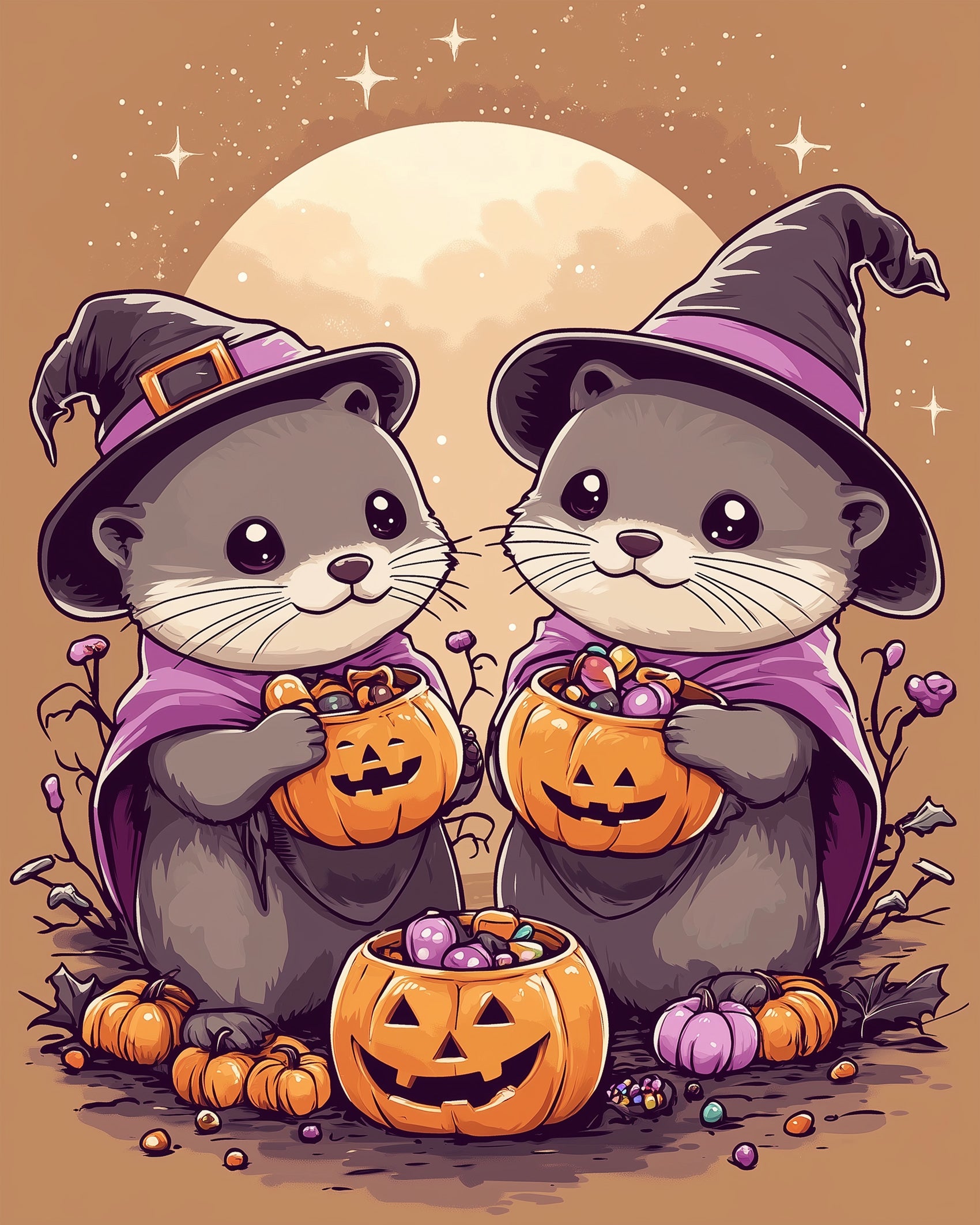 Niedliche Otter in Hexenkostümen unter einem magischen Mond von miicreaitve. Ein kreatives und entspannendes Malen nach Zahlen Kit für alle Halloween-Fans.