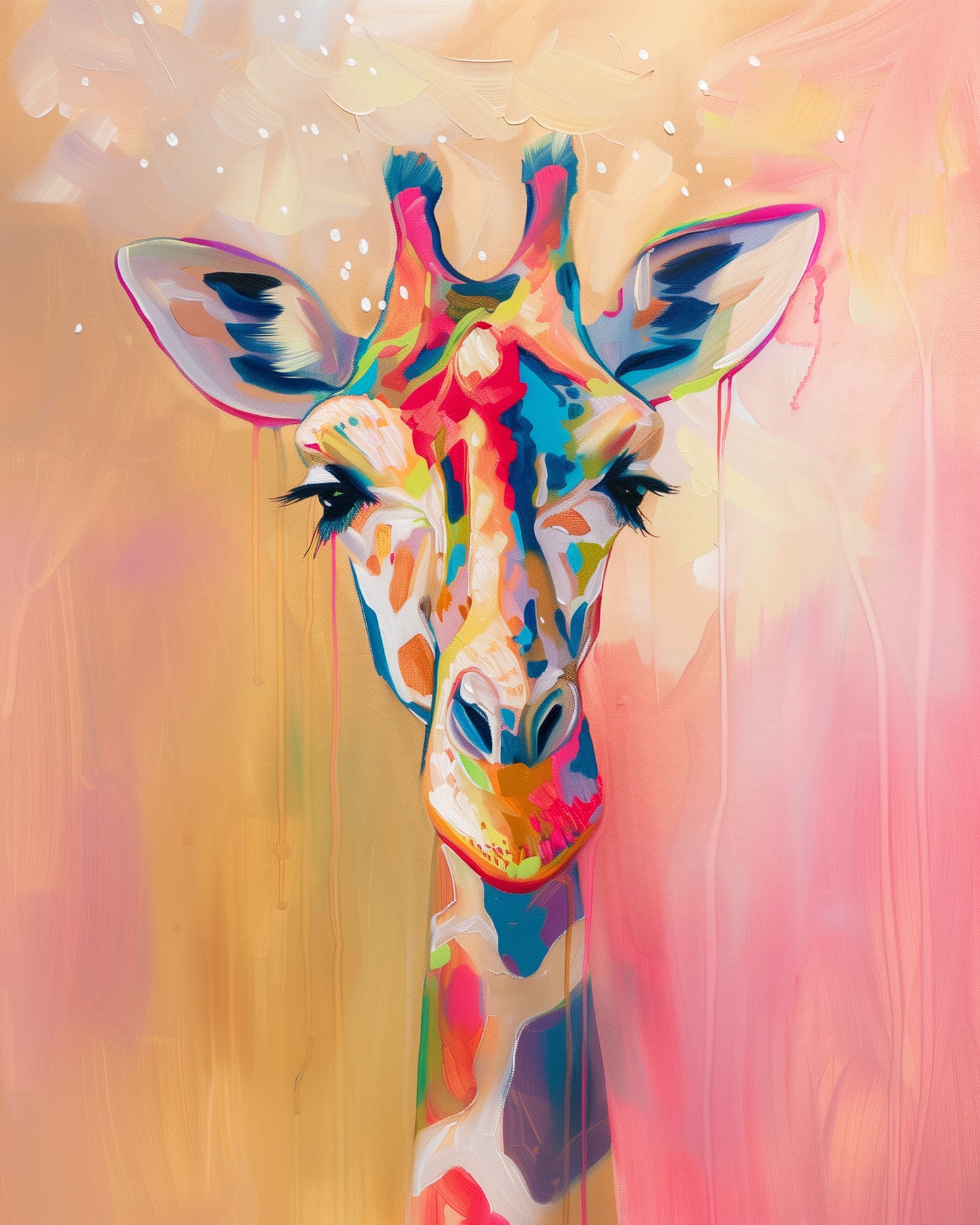 Ein lebhaftes Bild einer giraffenköpfigen Darstellung in kräftigen Farben. Titel: Farbenfrohe Giraffe - Abstract Animals, Marke: miicreaitve. Betonung auf die Verwendung von kräftigen Farben und die kreative, meditative Qualität des Malsets.