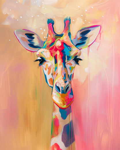 Ein lebhaftes Bild einer giraffenköpfigen Darstellung in kräftigen Farben. Titel: Farbenfrohe Giraffe - Abstract Animals, Marke: miicreaitve. Betonung auf die Verwendung von kräftigen Farben und die kreative, meditative Qualität des Malsets.