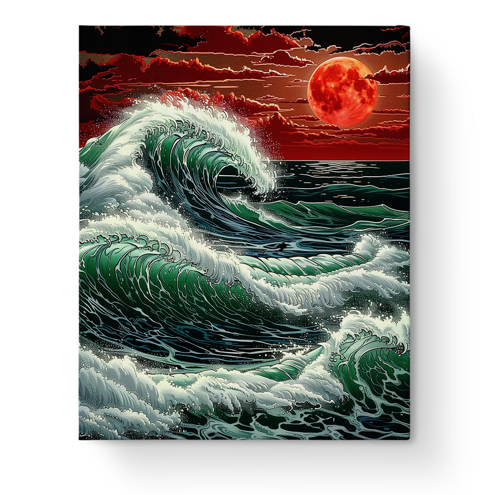 Ein eindrucksvolles Mal Set von miicreaitve mit dem Titel Stürmische Wellen und Roter Mond - ein Zen-Moment voller Kreativität und Entspannung. Wellen schlagen durch das Meer bei einem leuchtend roten Mond, perfekt um Achtsamkeit zu erleben.