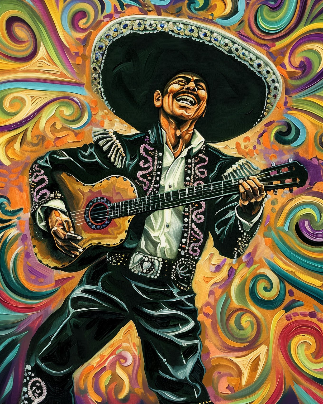 Ein farbenfrohes Malen nach Zahlen Bild eines lächelnden Mariachi mit Gitarre, präsentiert von miicreaitve. Lebendige Farben und ein dynamisches Design betonen die künstlerische und meditative Erfahrung des Sets.