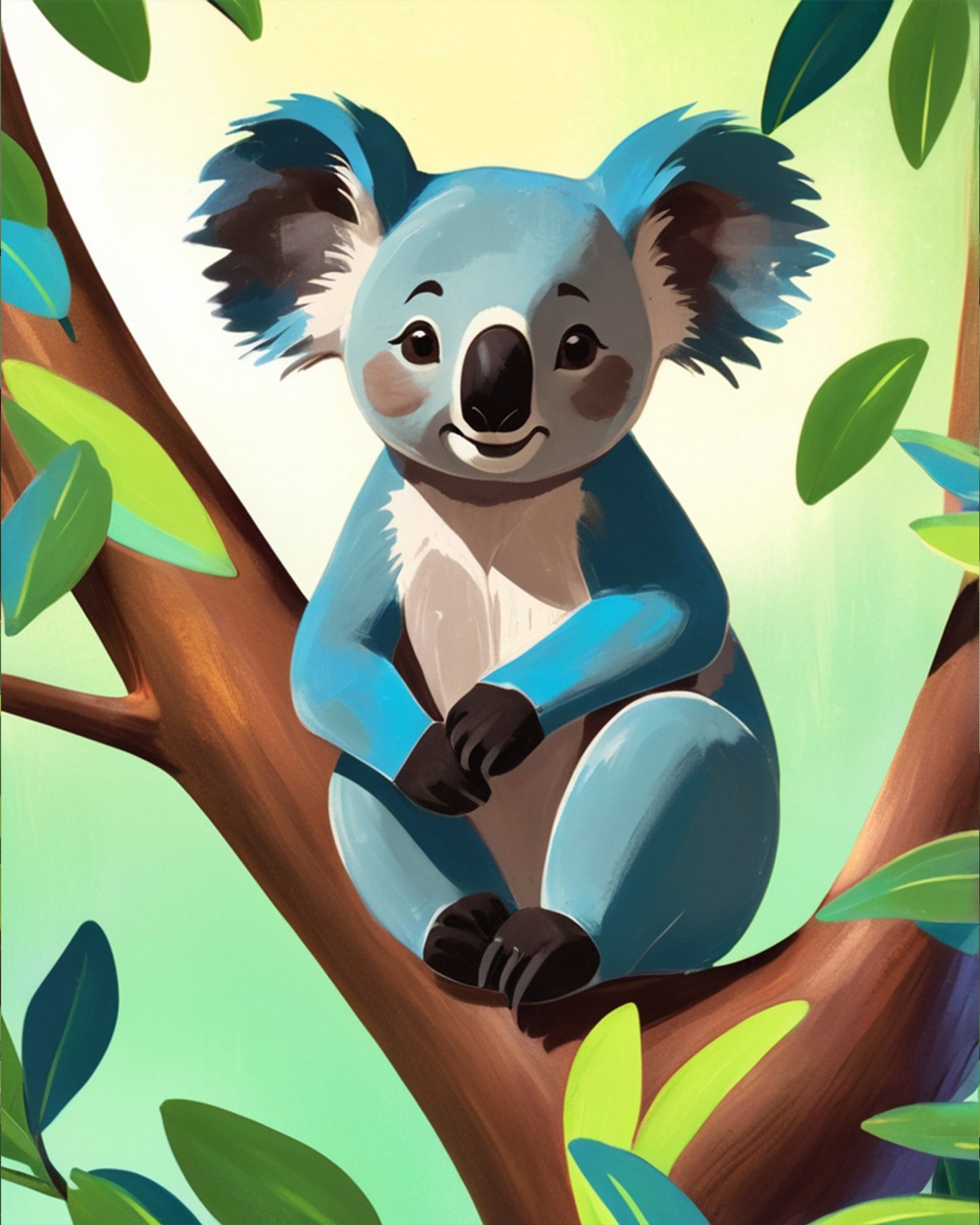 Ein fröhlicher Koala auf einem Baum in lebendigen Farben aus dem Malen nach Zahlen Set von miicreaitve. Hervorhebung der beruhigenden und kreativen Aspekte des Kits.