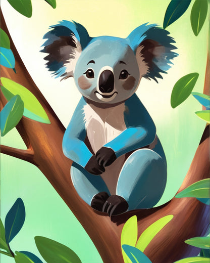 Ein fröhlicher Koala auf einem Baum in lebendigen Farben aus dem Malen nach Zahlen Set von miicreaitve. Hervorhebung der beruhigenden und kreativen Aspekte des Kits.