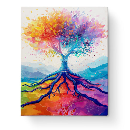 Ein leuchtender Baum mit farbenfrohen Blättern in Blau, Lila, Rot und Orange. Das Bild 'Baum der Farben - Meditation' von miicreaitve verleiht ein Gefühl von Achtsamkeit und Kreativität.