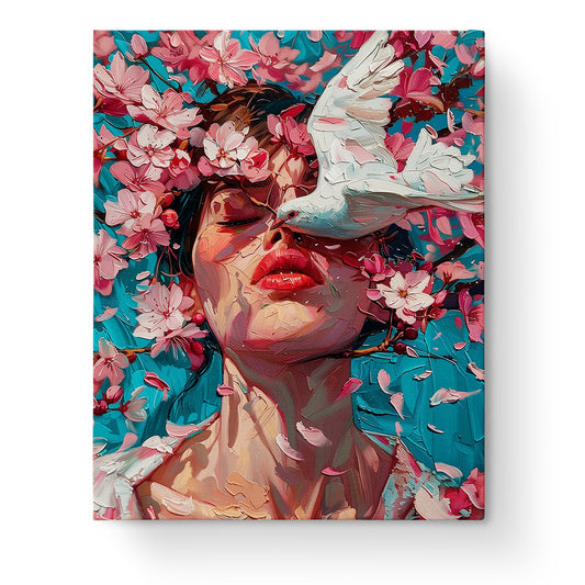 Kunstvolle Darstellung einer Frau mit rosa Blüten und Taube - Zartes Blütenmeer - Floral Women von miicreative. Perfekt für Achtsamkeit und künstlerischen Ausdruck.