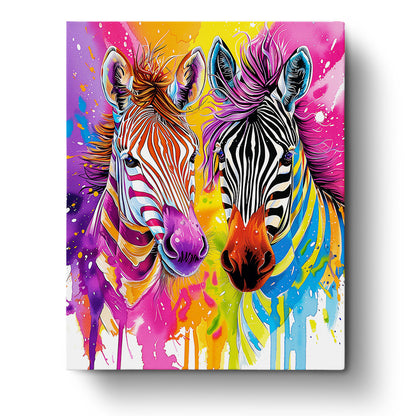 Farbenfrohe Zebras in leuchtenden Farben. 'Farbenfrohe Zebras - Abstract Animals' Malen nach Zahlen Set von miicreaitve. Ein kreatives und meditatives Erlebnis mit lebhaften Streifen und ausdrucksstarken Augen.