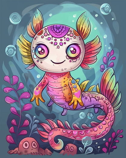 Ein bunter, fröhlicher Axolotl mit leuchtenden Farben von miicreaitve. Dieses Malen nach Zahlen Set inspiriert zu Achtsamkeit und Kreativität.