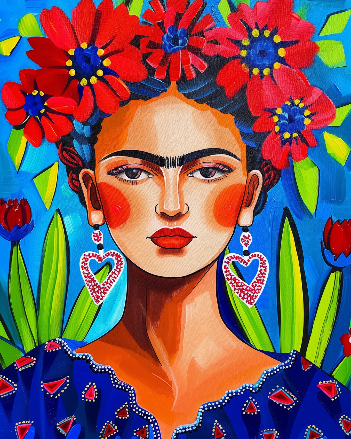 Leuchtendes Porträt mit roten Blüten und blauem Hintergrund, dargestellt in Frida mit Blütenpracht - Mexiko von miicreaitve. Betonung auf lebendige Farben und künstlerische Achtsamkeit.