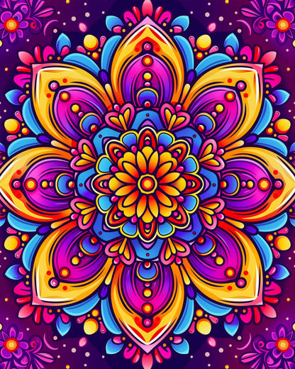 Leuchtende Blütenpracht Mandalas mit intensiven Farben von miicreaitve. Das Bild zeigt eine bunte Mandala-Blume in leuchtendem Gelb, Pink und Blau-Design und fördert Achtsamkeit und Kreativität.