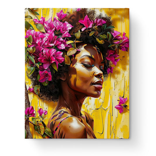 Blütenpoesie - Floral Women von miicreative zeigt eine Frau mit rosa Blüten im Haar auf gelbem Hintergrund. Perfekt für mindful painting.