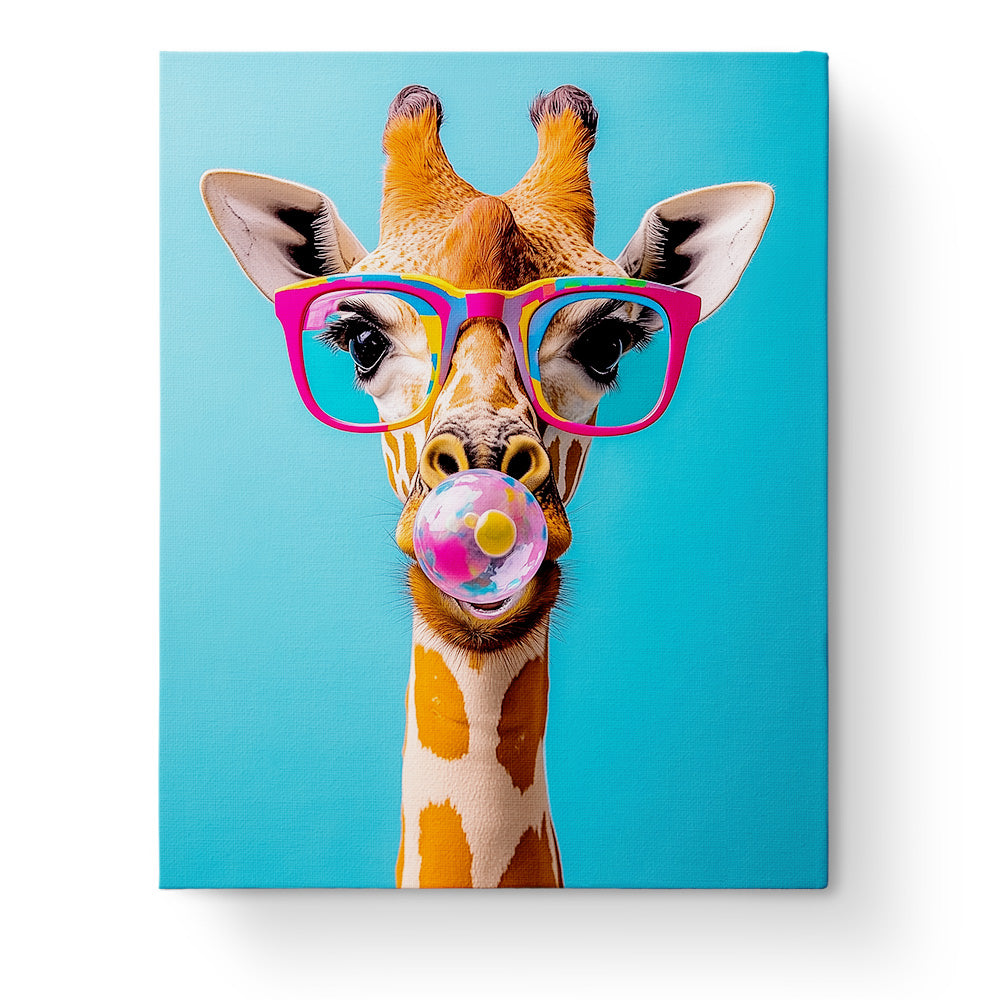 Eine lustige Giraffe mit bunter Brille und Kaugummi. Perfekt für Malen nach Zahlen von miicreative. Ein kreatives und achtsames Erlebnis.