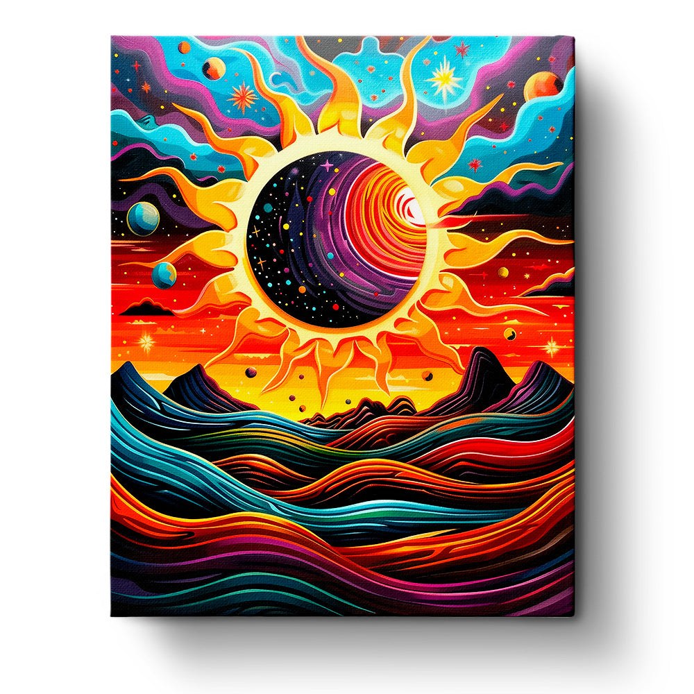 Buntes Bild mit Sonnen- und Wellendesign, nennt sich Kosmischer Tanz - Meditation von miicreaitve. Lebendige Farben und spiralförmige Muster fördern Kreativität und Achtsamkeit.