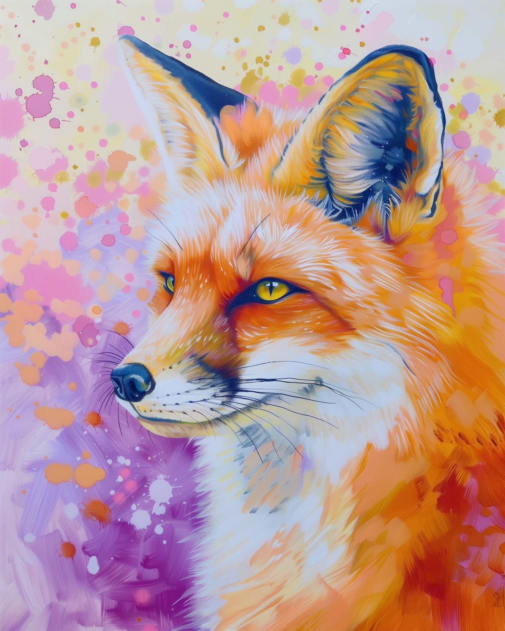 Ein leuchtend abstrakter Fuchs mit kräftigen Orangetönen und violetten Spritzern. Produkt: Fuchs Fantasie - Abstract Animals von miicreaitve. Ein meditativer und kreativer Malen nach Zahlen Genuss.