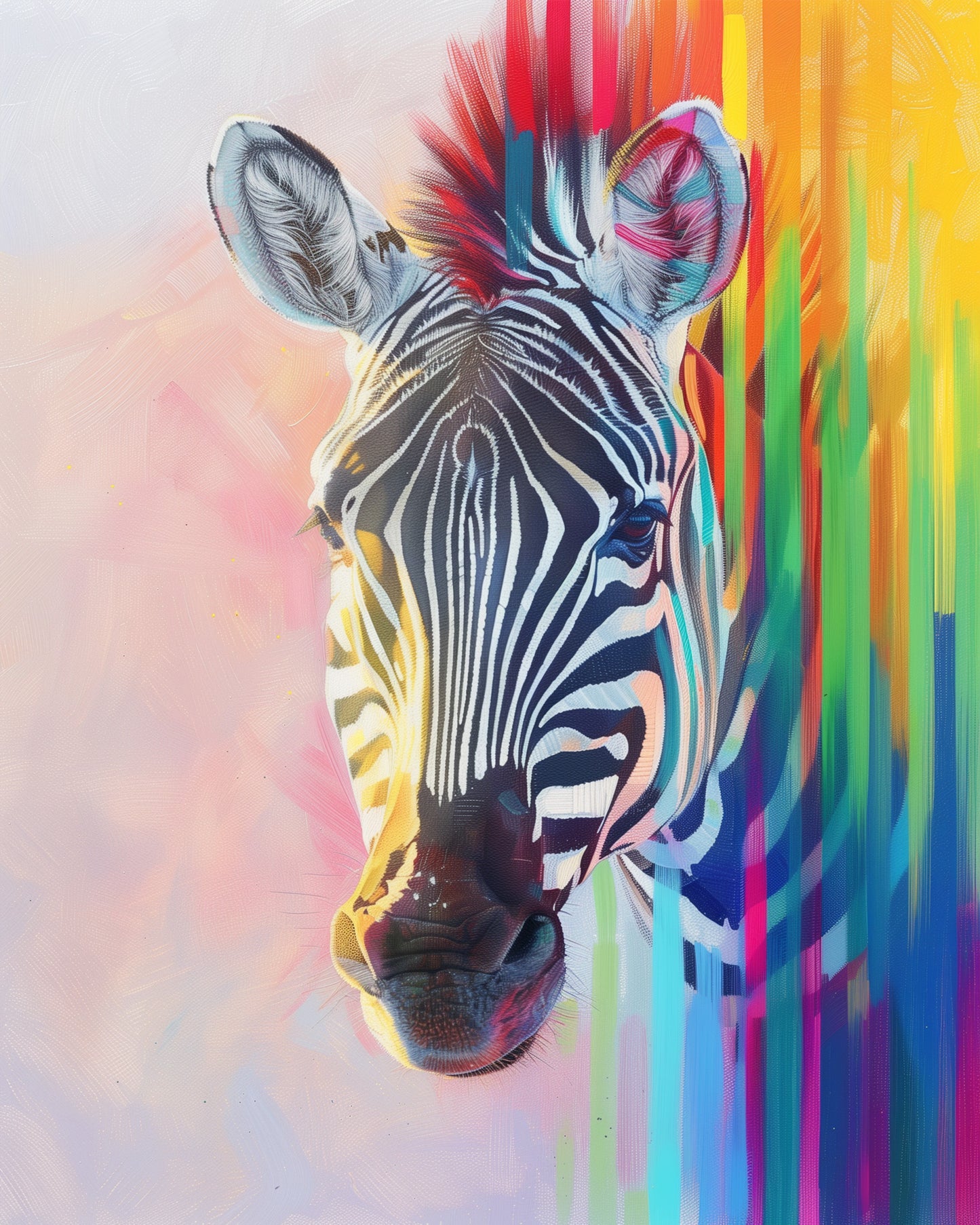 Ein lebendiges Zebra auf einem bunten Hintergrund, Teil des Malen nach Zahlen Sets 'Farbenfrohes Zebra' von miicreaitve. Perfekt für Kreativität und Achtsamkeit.