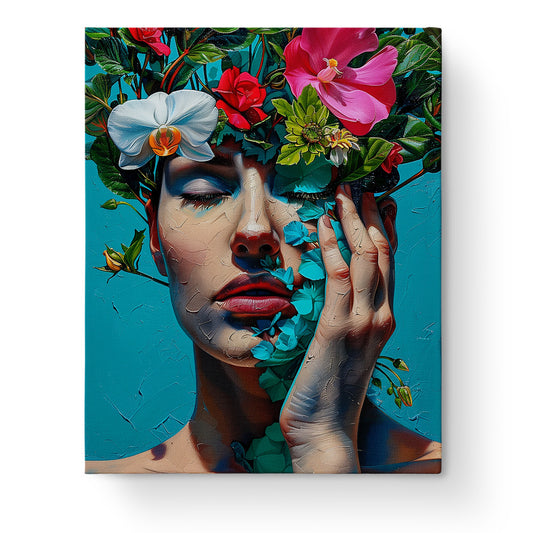 Ein eindrucksvolles Bild von Blumen und einer Frau, Blütenzauber - Floral Women Malen nach Zahlen Set von miicreative. Lebendige Farben und ein Gefühl von Ruhe und Kreativität vermitteln.