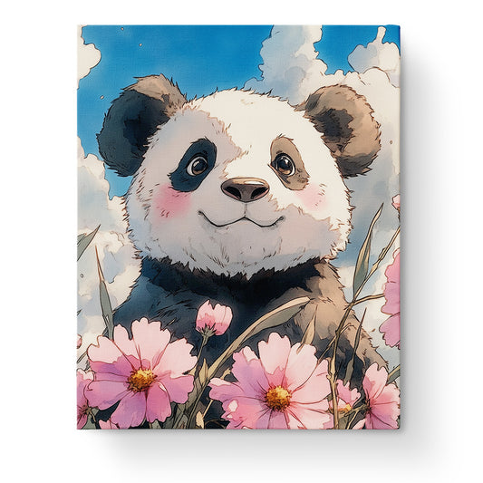 Ein lächelnder Panda in einem Feld mit rosa Blüten, Titel 'Lächelnder Panda im Blumenfeld - Asian Art', miicreative. Perfekt für Malen nach Zahlen und kreative Entspannung.