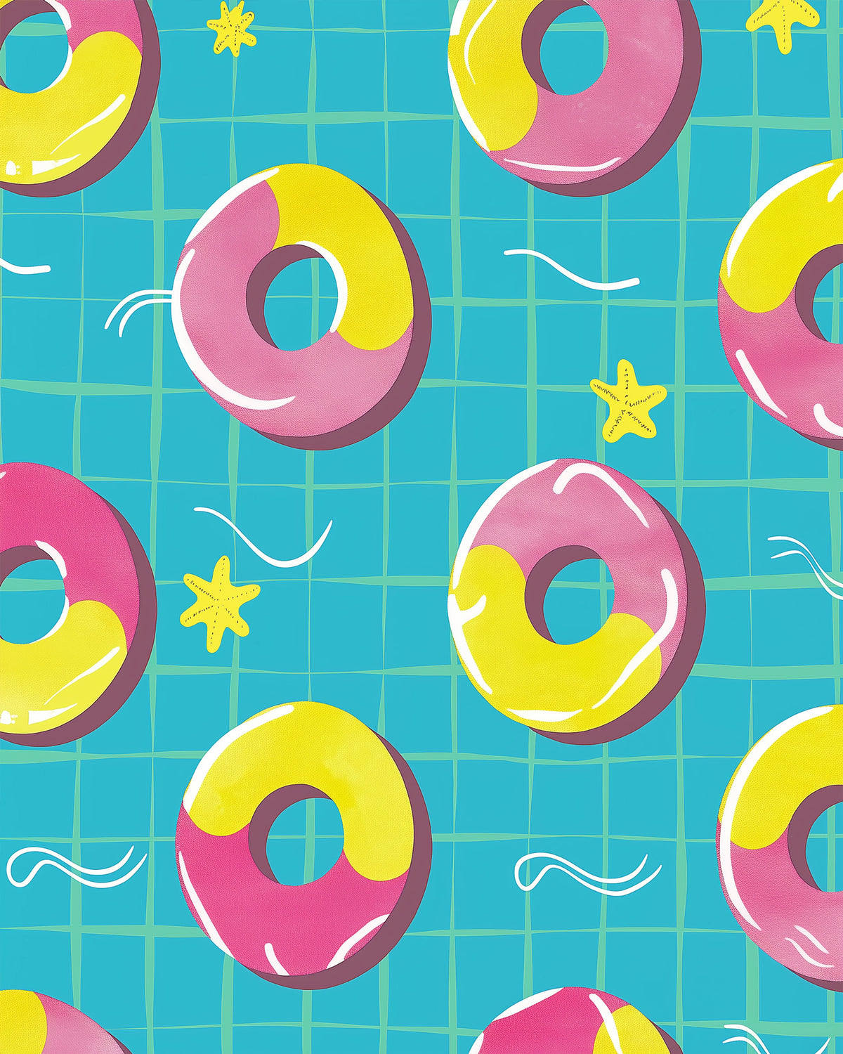 Pinke und gelbe Schwimmreifen auf blauem Design, Malen nach Zahlen von miicreative. Perfekt für Achtsamkeit und kreative Entspannung.