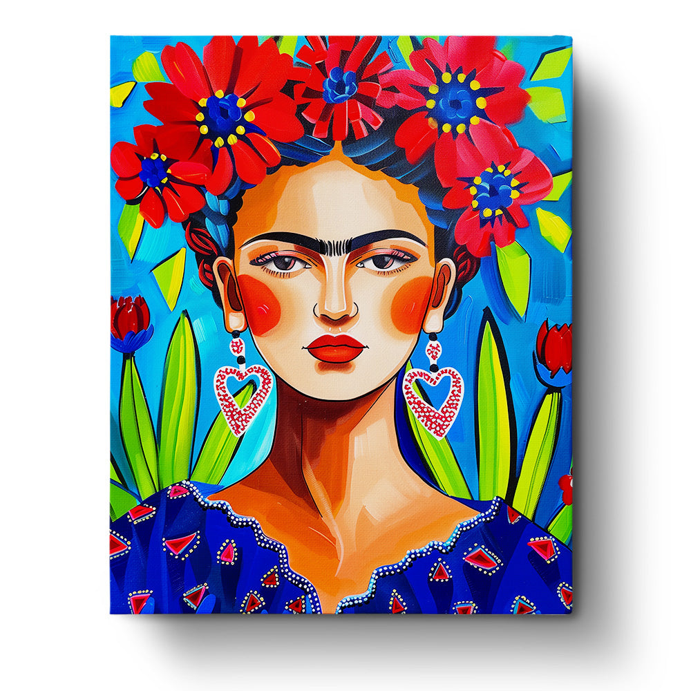 Leuchtendes Porträt mit roten Blüten und blauem Hintergrund, dargestellt in Frida mit Blütenpracht - Mexiko von miicreaitve. Betonung auf lebendige Farben und künstlerische Achtsamkeit.