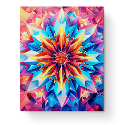 Strahlende Darstellung der Mandala-Blume in leuchtenden Blau-, Orange- und Rottönen, Malen nach Zahlen Set von miicreaitve, ideal für Meditation und kreative Achtsamkeit.