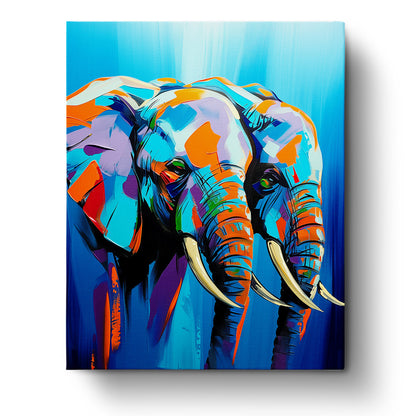 Bild eines abstrakten, farbenfrohen Elefanten in lebhaften Blau-, Orange- und Lila-Tönen aus dem Set Farbenfroher Elefant - Abstract Animals von miicreaitve. Betonung auf kreativer und meditativer Malerfahrung.