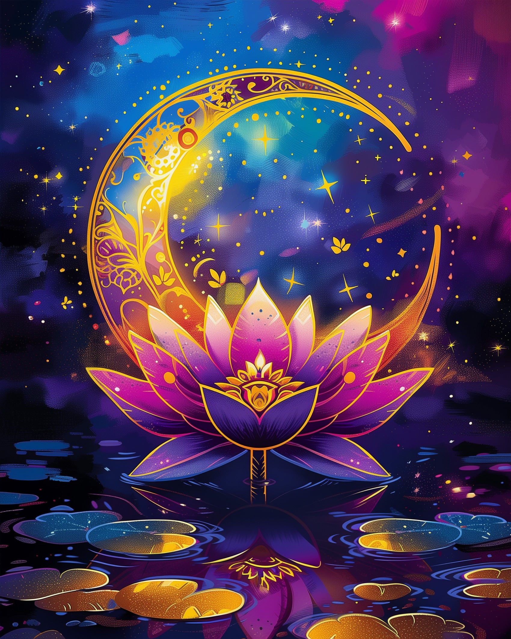 Ein leuchtender Lotus unter einem detailreichen goldenen Halbmond vor einem Aquarellhintergrund voller Sterne. Produkt 'Lotuszauber im Mondschein - Meditation' von miicreaitve. Betone die magische Atmosphäre und kreative Achtsamkeit.