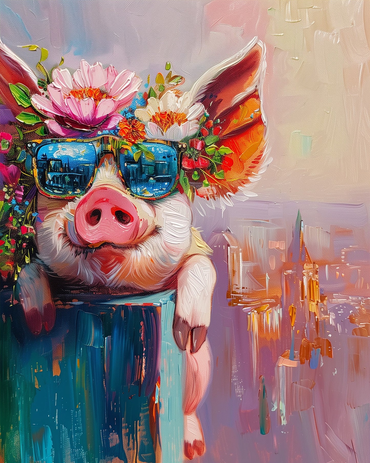 Ein fröhliches Schwein mit Sonnenblumenkrone und Sonnenbrille, dargestellt in lebhaften Farben. Das Bild unterstreicht die meditative und kreative Erfahrung des Malsets 'Fröhliches Schwein im Sonnenlicht - Abstract Animals' von miicreaitve.