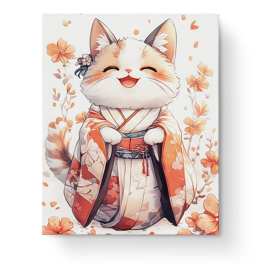 Fröhliche Katze im Kimono von miicreative. Strahlende Farben und Blumenmuster verzaubern. Ein Malen nach Zahlen Erlebnis voller Achtsamkeit.