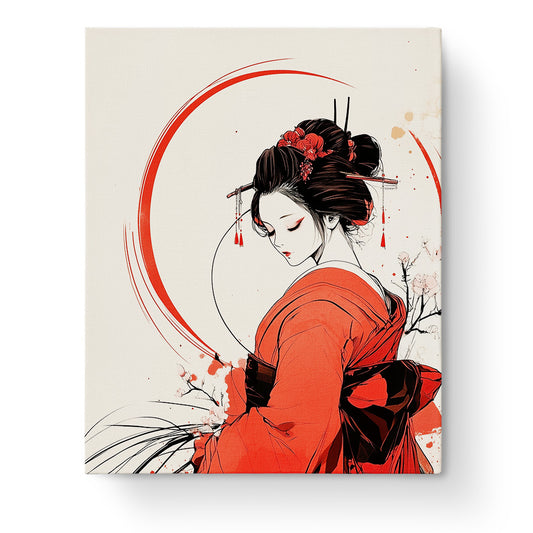 Geisha Eleganz - miicreaitve: Eine kunstvolle Geisha in Rot mit floralen Elementen. Malen nach Zahlen bietet Entspannung und Kreativität.