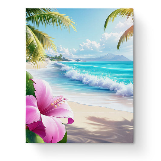 Ein tropisches Strandparadies mit rosa Hibiskus. Strandparadies mit Hibiskus - Sea Landscape von miicreaitve. Lebendige Farben und beruhigende Wellen im Malen nach Zahlen Kit für Achtsamkeit.