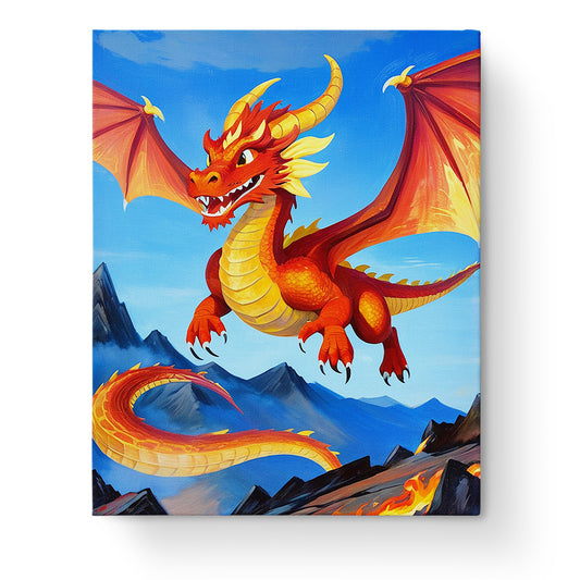 Ein leuchtend roter Drache schwebt am Himmel. Das Bild zum Produkt Feuriger Drache - Kids von miicreaitve strahlt durch kräftige Farben und kreative Details. Fördert Achtsamkeit und Kreativität.