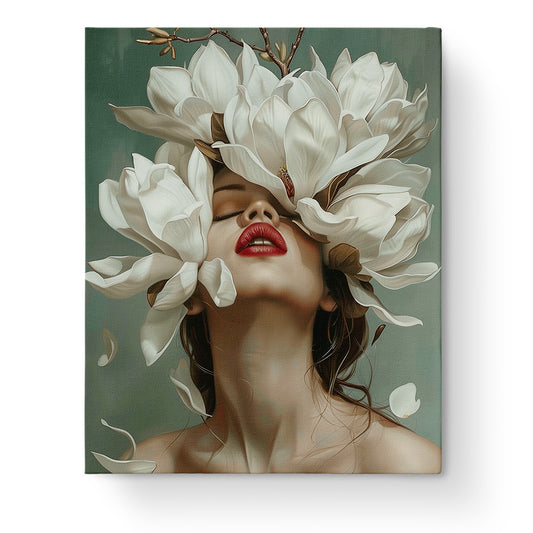 Ein beeindruckendes Bild von Magnolienzauber - Floral Women, präsentiert von miicreative. Großartige Blüten und ein meditativer Ausdruck, ideal für Malen nach Zahlen und kreative Entspannung.