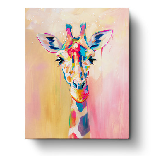 Ein lebhaftes Bild einer giraffenköpfigen Darstellung in kräftigen Farben. Titel: Farbenfrohe Giraffe - Abstract Animals, Marke: miicreaitve. Betonung auf die Verwendung von kräftigen Farben und die kreative, meditative Qualität des Malsets.