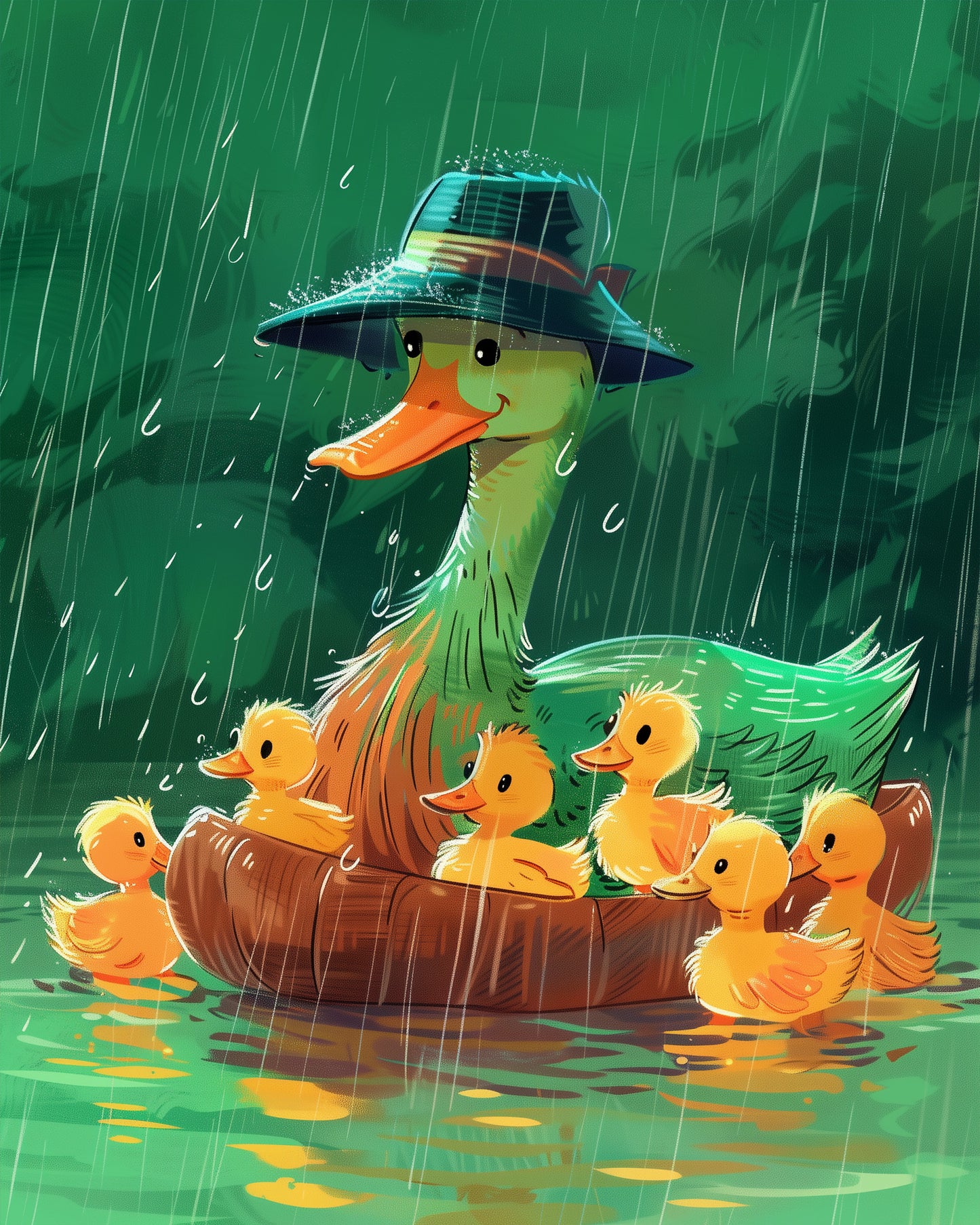 Ein fröhliches Bild einer Entenfamilie im Regen mit leuchtenden Farben, Titel Enten-Abenteuer im Regen - Kids, von der Marke miicreaitve. Perfekt für achtsames und kreatives Malen.