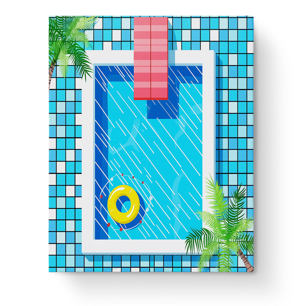 Poolträume - Minimalistic von miicreative. Ein minimalistisches Malen nach Zahlen mit einem luxuriösen Pool, blauem Wasser und gelbem Schwimmring. Perfekt für ruhige, kreative Entspannung.