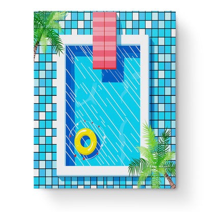 Poolträume - Minimalistic von miicreative. Ein minimalistisches Malen nach Zahlen mit einem luxuriösen Pool, blauem Wasser und gelbem Schwimmring. Perfekt für ruhige, kreative Entspannung.