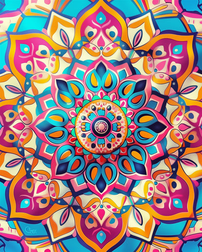 Ein leuchtendes Mandala-Muster mit kräftigen Farben wie Blau, Pink und Orange, das Achtsamkeit und Kreativität fördert. Produkt: Mandala der Gelassenheit - Meditation von miicreaitve.