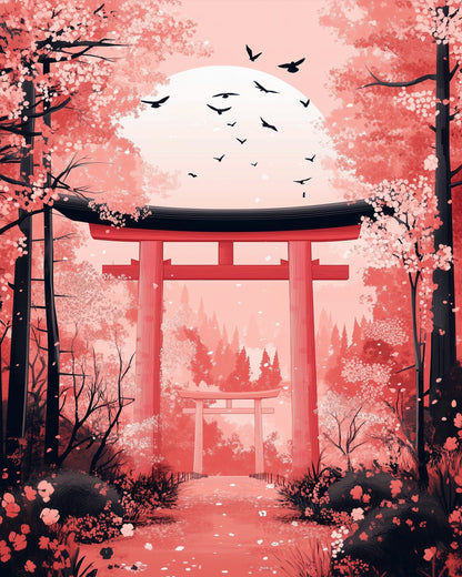 miicreative-Malen nach Zahlen: Japanischer Torii-Torweg, umgeben von Kirschblüten. Meditative und kreative Erfahrung.