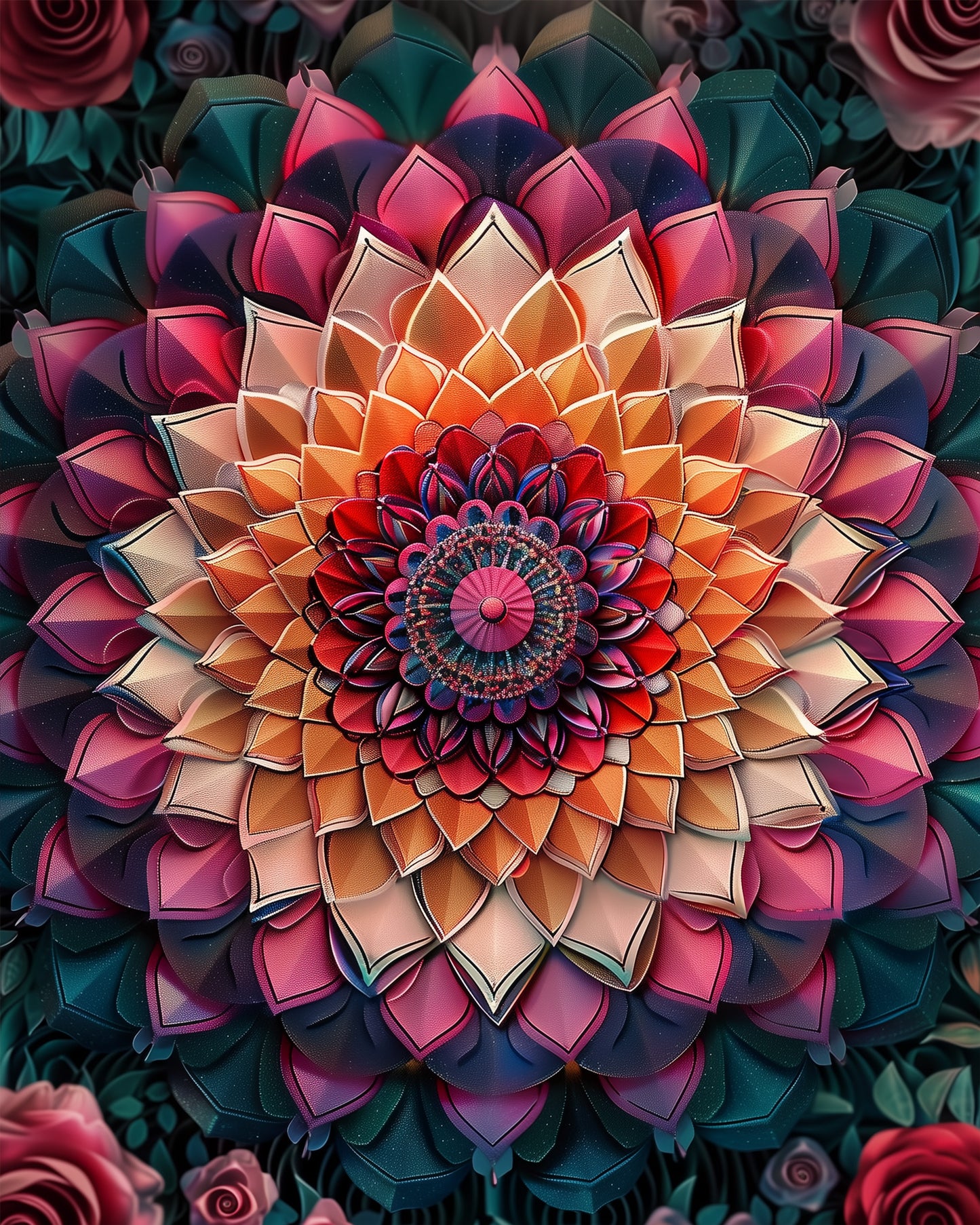 Ein faszinierendes Bild eines floralen Mandala-Kunstwerks in leuchtenden Rot-, Orange- und Pinktönen, Produkt 'Blütenzauber - Mandalas' von miicreaitve. Ideal für Meditation und kreative Entspannung.