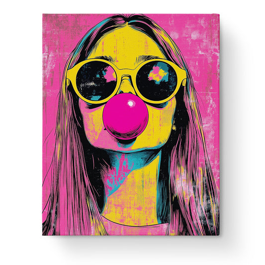 Ein farbenfrohes Pop Art Bild eines Mädchens mit Sonnenbrille und Kaugummi von miicreative. Malen nach Zahlen Kit für kreative Entspannung.