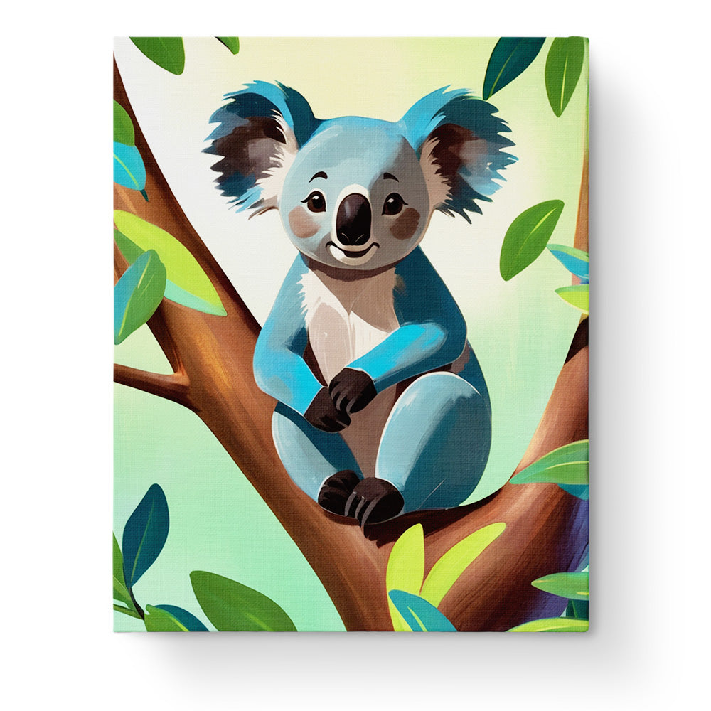 Ein fröhlicher Koala auf einem Baum in lebendigen Farben aus dem Malen nach Zahlen Set von miicreaitve. Hervorhebung der beruhigenden und kreativen Aspekte des Kits.