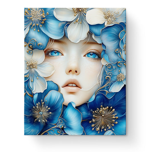 Eine Frau umgeben von blauen und weißen Blüten - Titel: Blaue Blütenpoesie - Floral Women, von miicreative. Malen nach Zahlen Kit fördert Achtsamkeit und Kreativität.